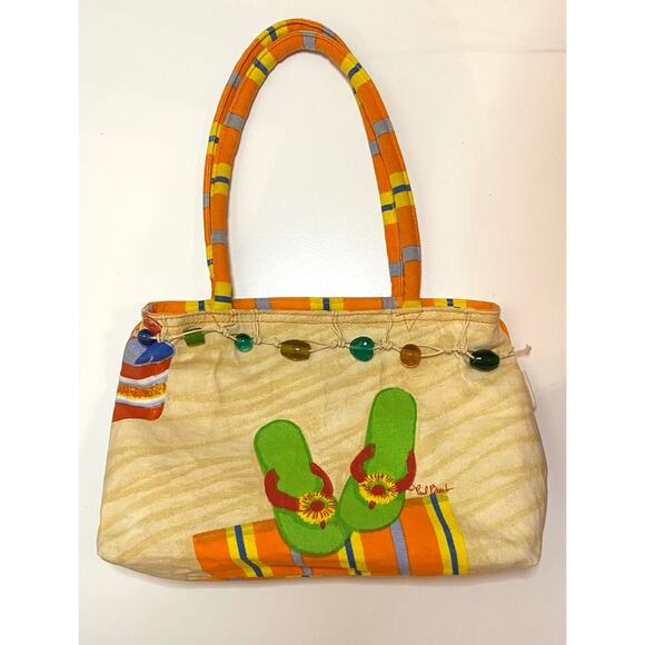 Paul Brent Tote Shoulder Bag Purse Canvas Beach Flip Flops Beaded Tropical - Picture 1 of 13